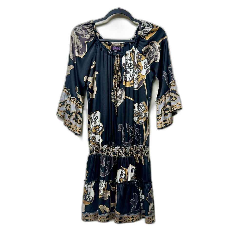 HALE BOB Silk Floral Bell Sleeve Ruffle Detail Smocked Waist Dress, Sz S